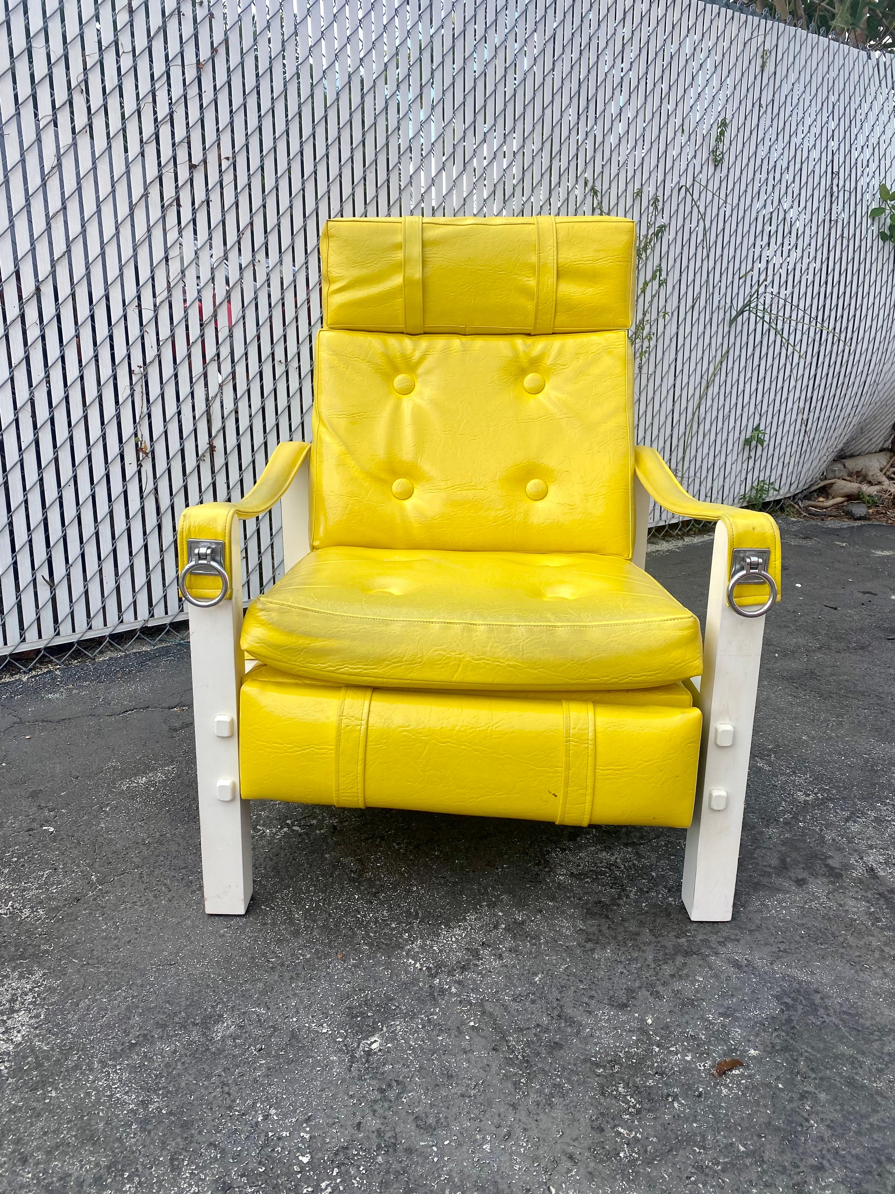 Mid-Century Modern 1970s Sling Arm Recliner Wood and Chrome  For Sale