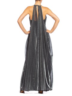 1970S Silver Metallic Lurex Knit Slinky Disco Gown With Attached Cape & Crystal