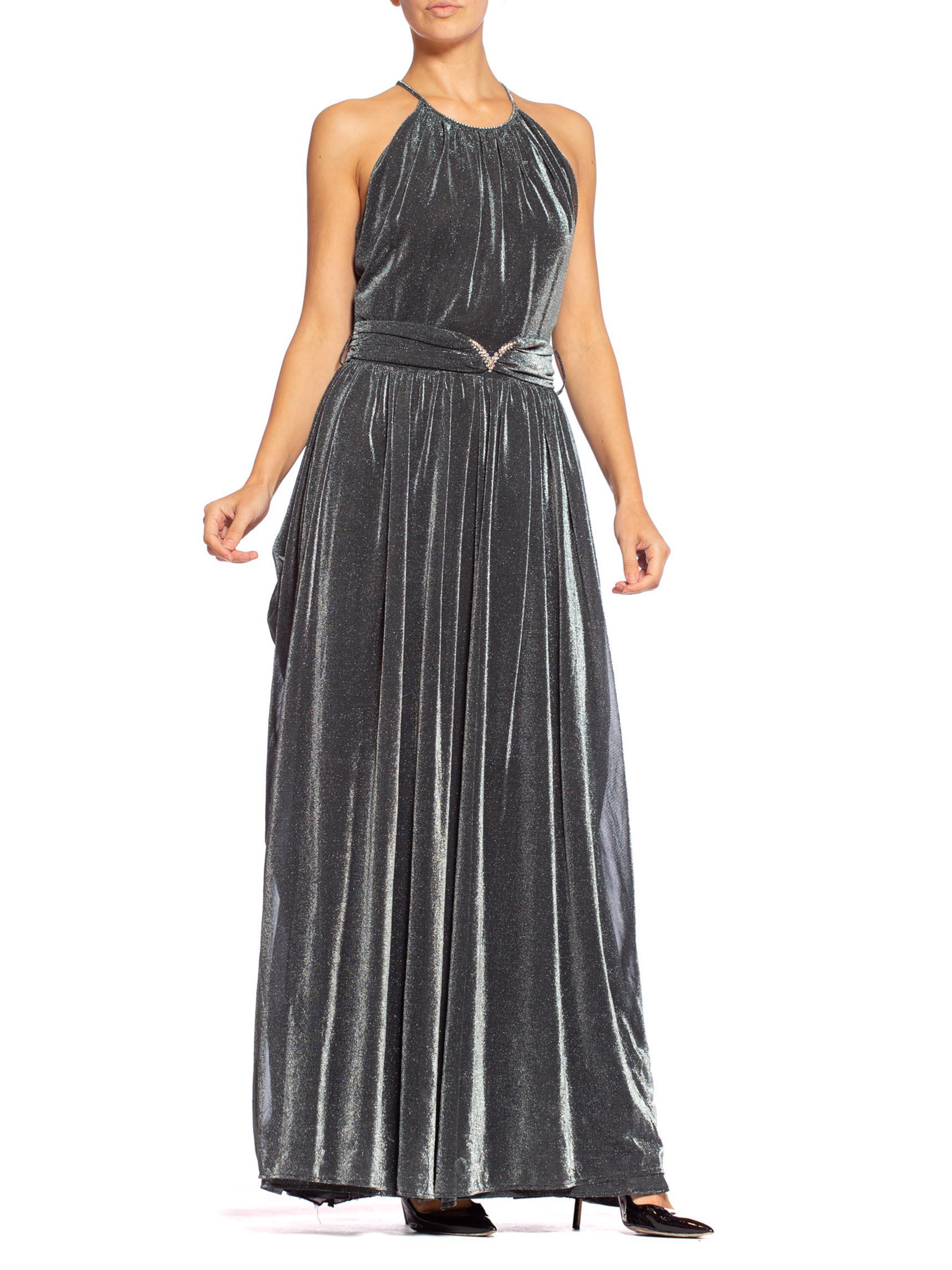 Black 1970S Silver Metallic Lurex Knit Slinky Disco Gown With Attached Cape & Crystal
