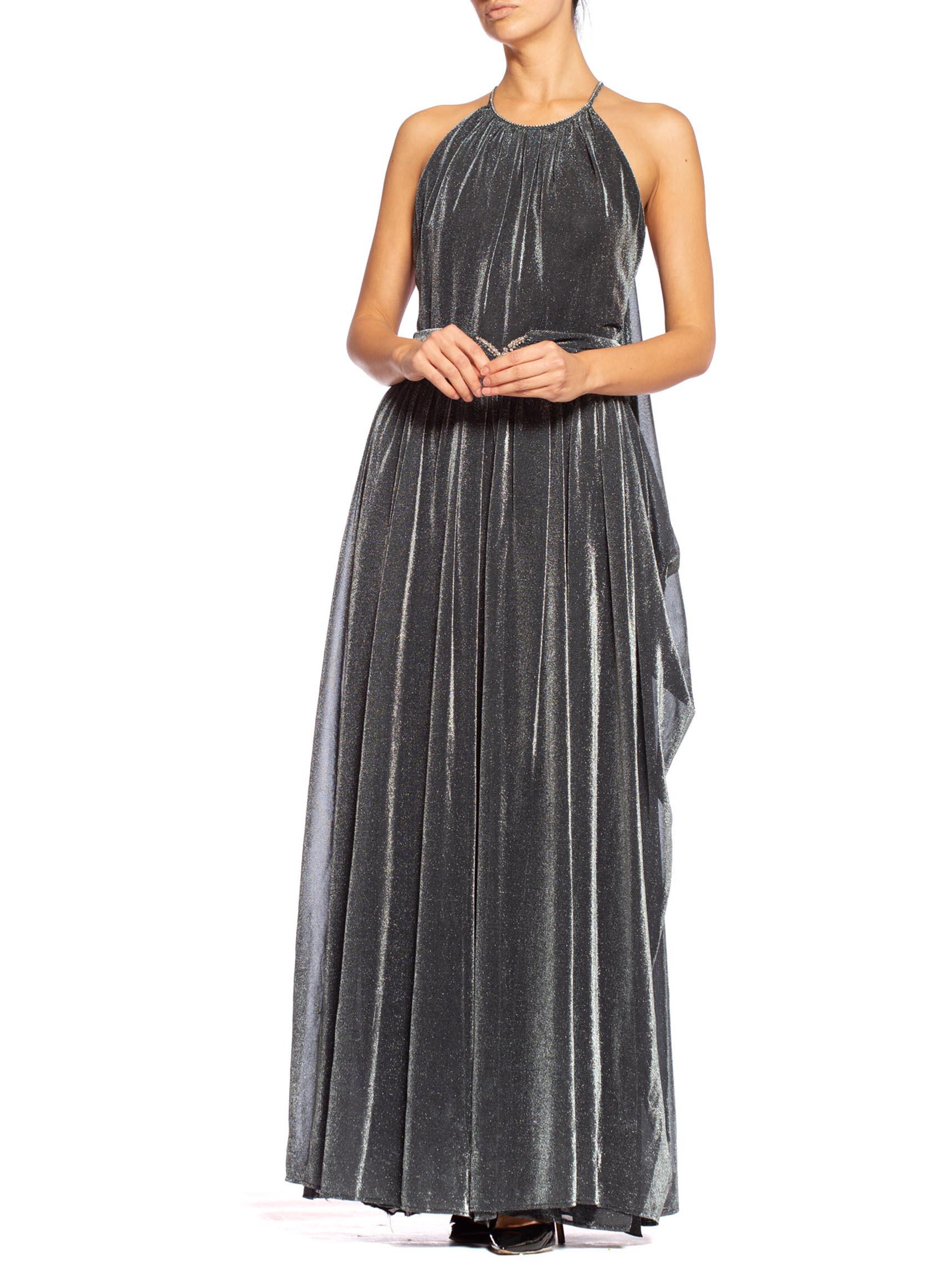 Women's 1970S Silver Metallic Lurex Knit Slinky Disco Gown With Attached Cape & Crystal
