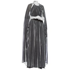 Vintage 1970S Silver Metallic Lurex Knit Slinky Disco Gown With Attached Cape & Crystal