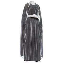 Vintage 1970S Silver Metallic Lurex Knit Slinky Disco Gown With Attached Cape & Crystal