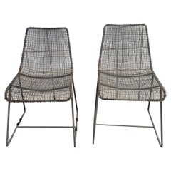 1970s Slope Wrought Iron and Steel Mesh Lounge Chairs, a Pair