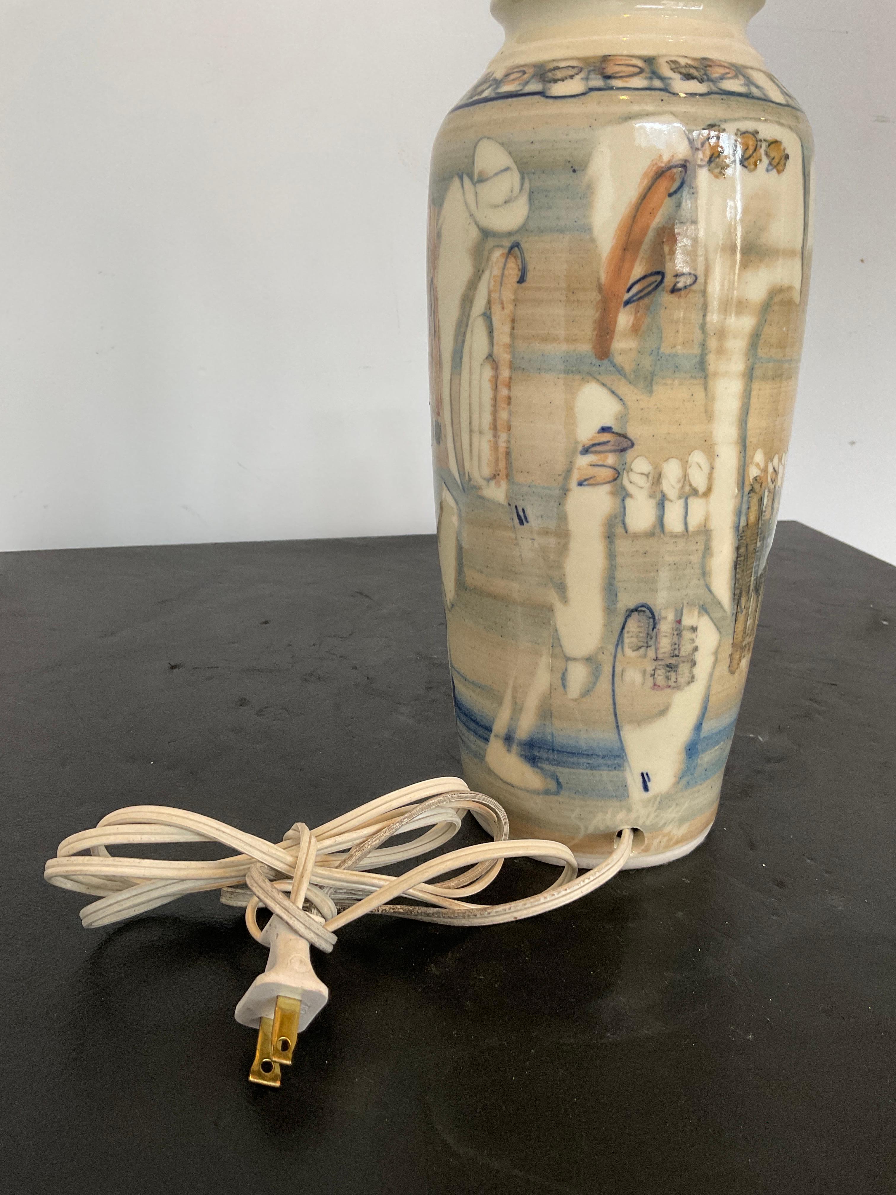 1970s Small Beige Ceramic Lamp with Abstract Scene of People 8