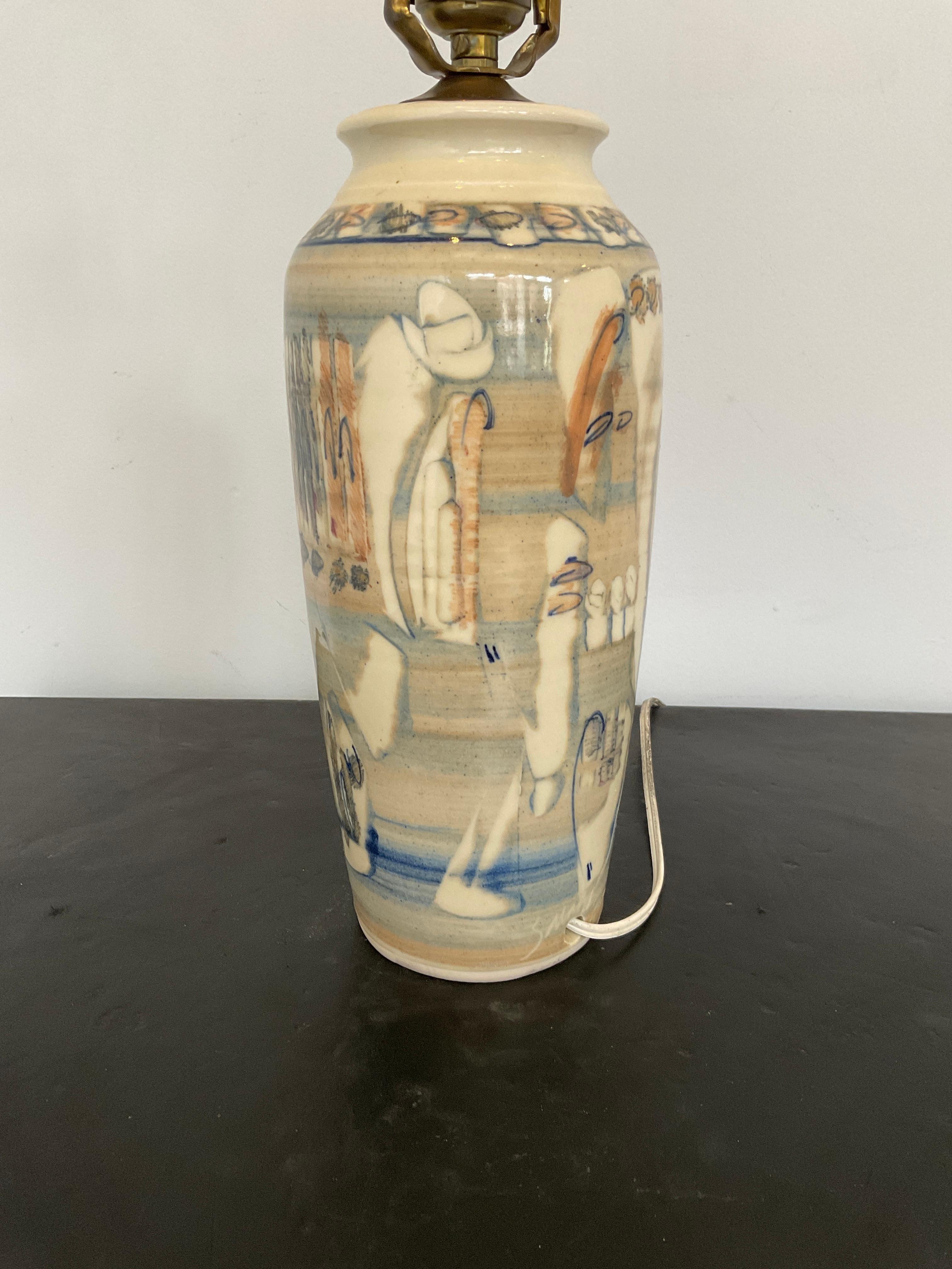 Late 20th Century 1970s Small Beige Ceramic Lamp with Abstract Scene of People