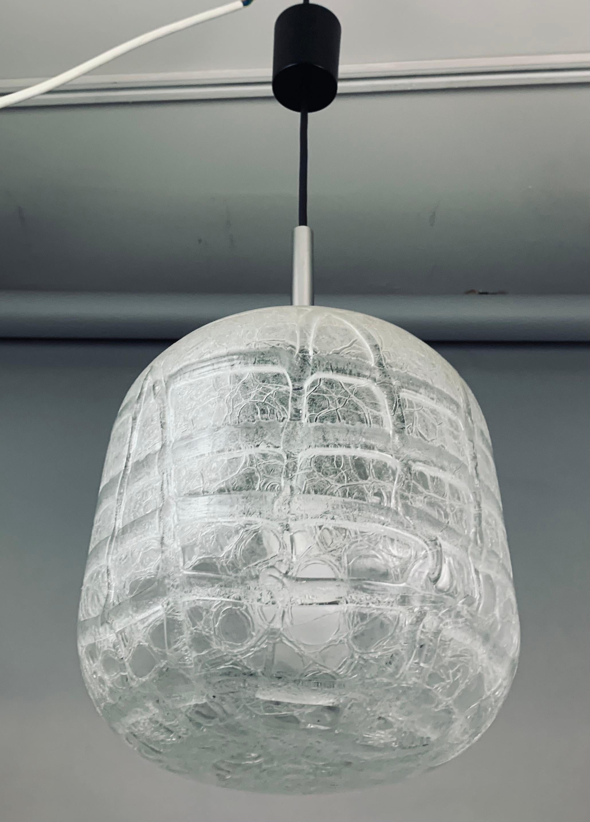 1970s Small German Doria Leuchten Crackle Iced Glass Hanging Pendant Light 4
