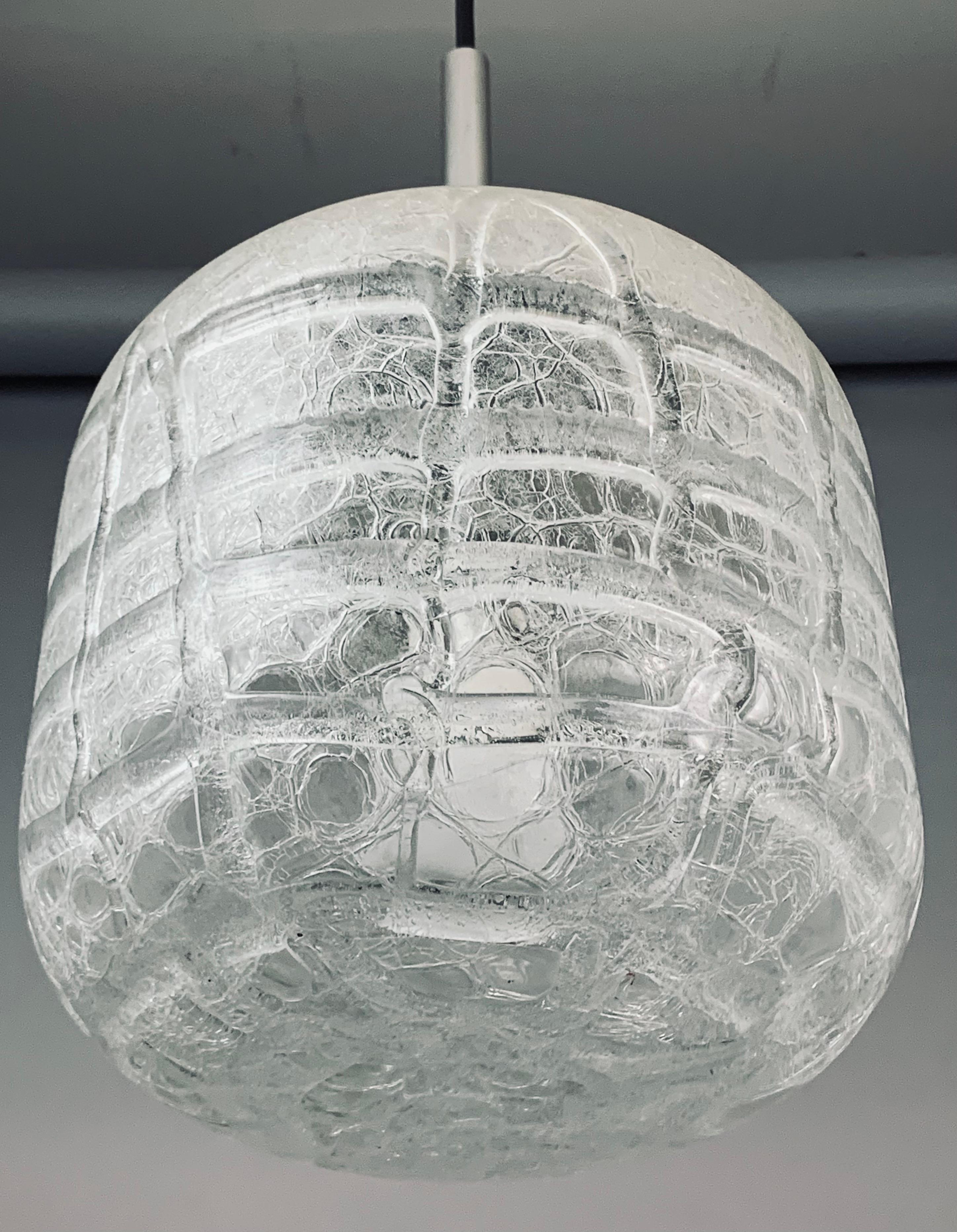 1970s Small German Doria Leuchten Crackle Iced Glass Hanging Pendant Light 5