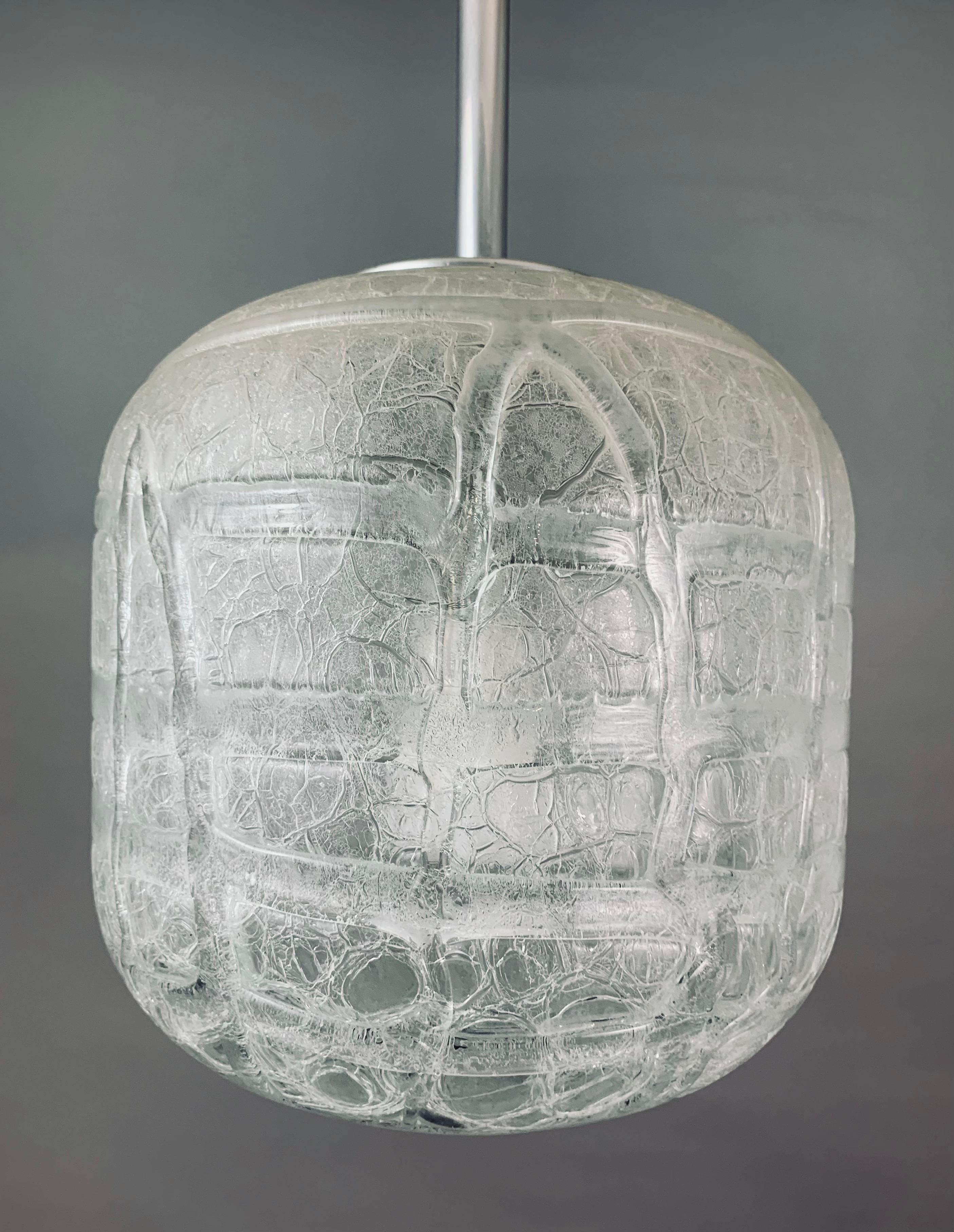 1970s Small German Doria Leuchten Crackle Iced Glass Hanging Pendant Light 7