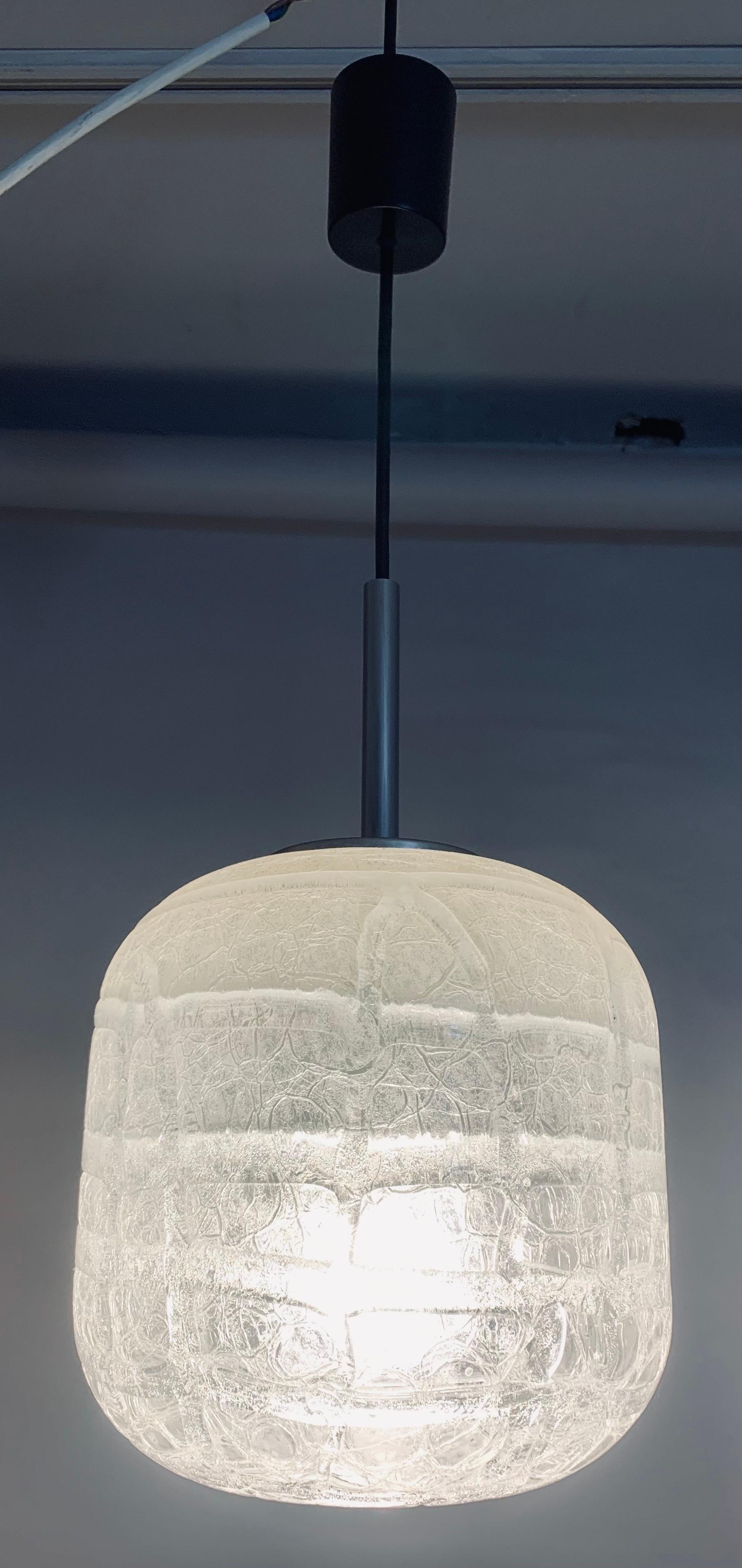 Mid-Century Modern 1970s Small German Doria Leuchten Crackle Iced Glass Hanging Pendant Light