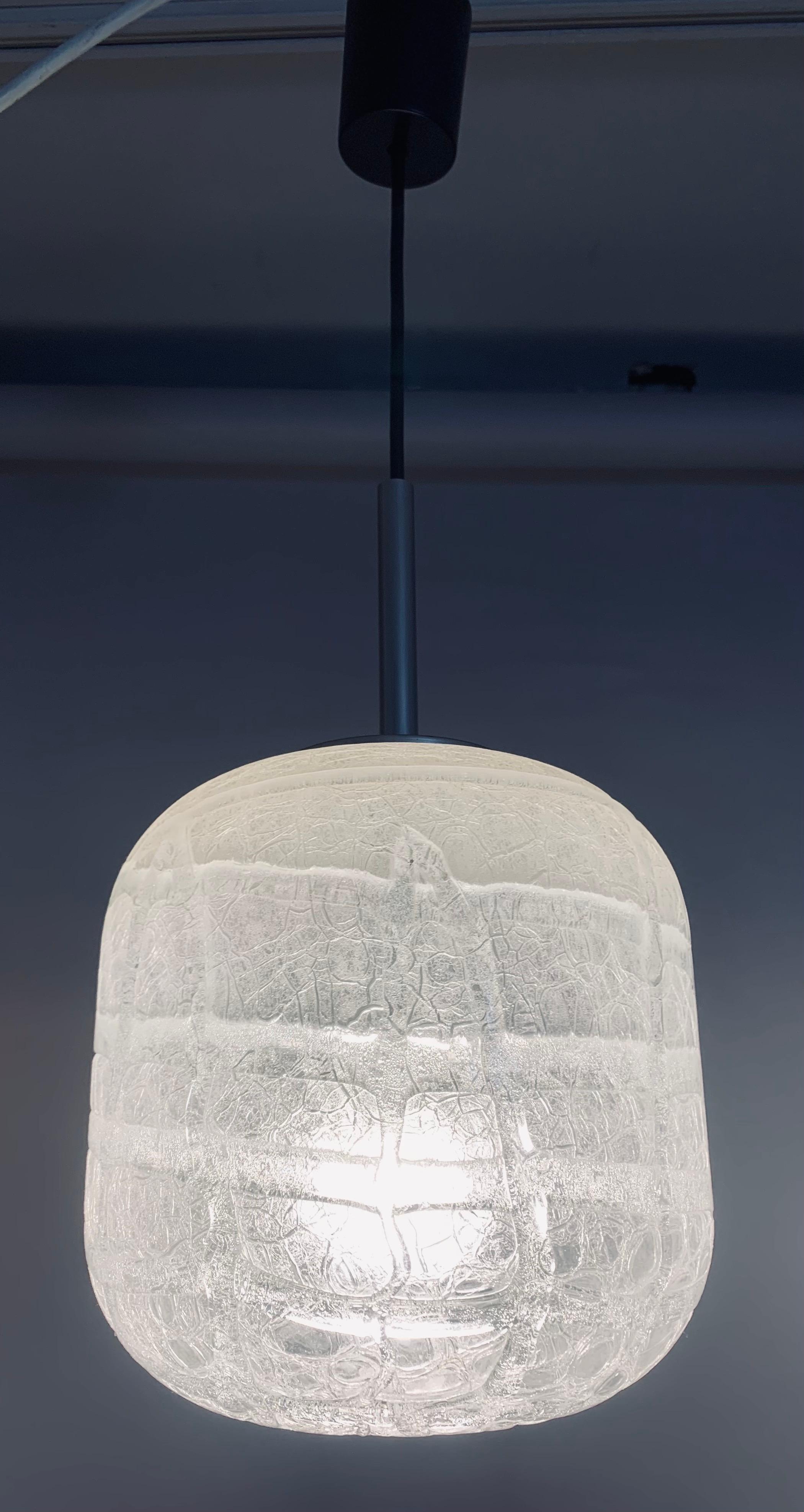 Brushed 1970s Small German Doria Leuchten Crackle Iced Glass Hanging Pendant Light