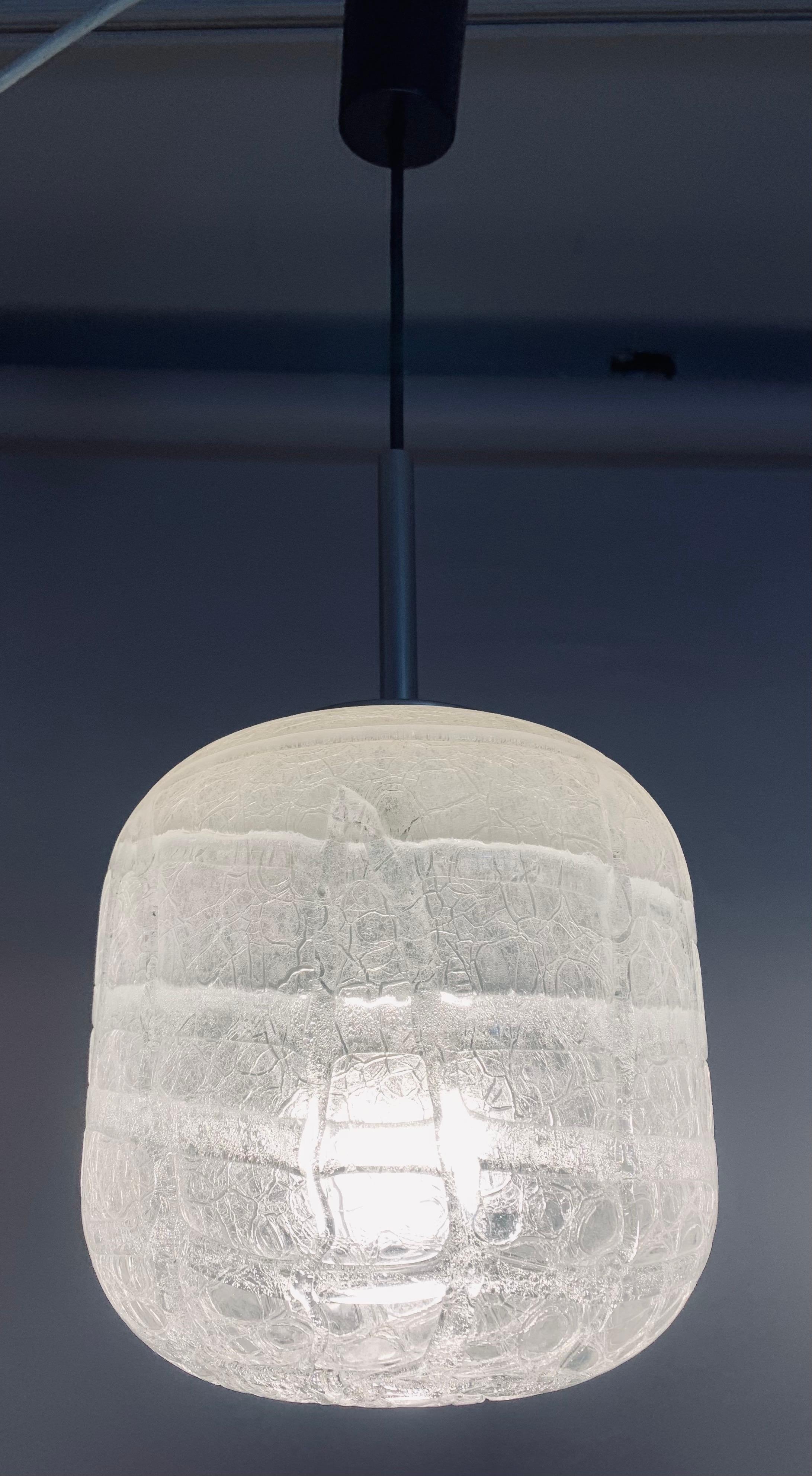 1970s Small German Doria Leuchten Crackle Iced Glass Hanging Pendant Light In Good Condition In London, GB