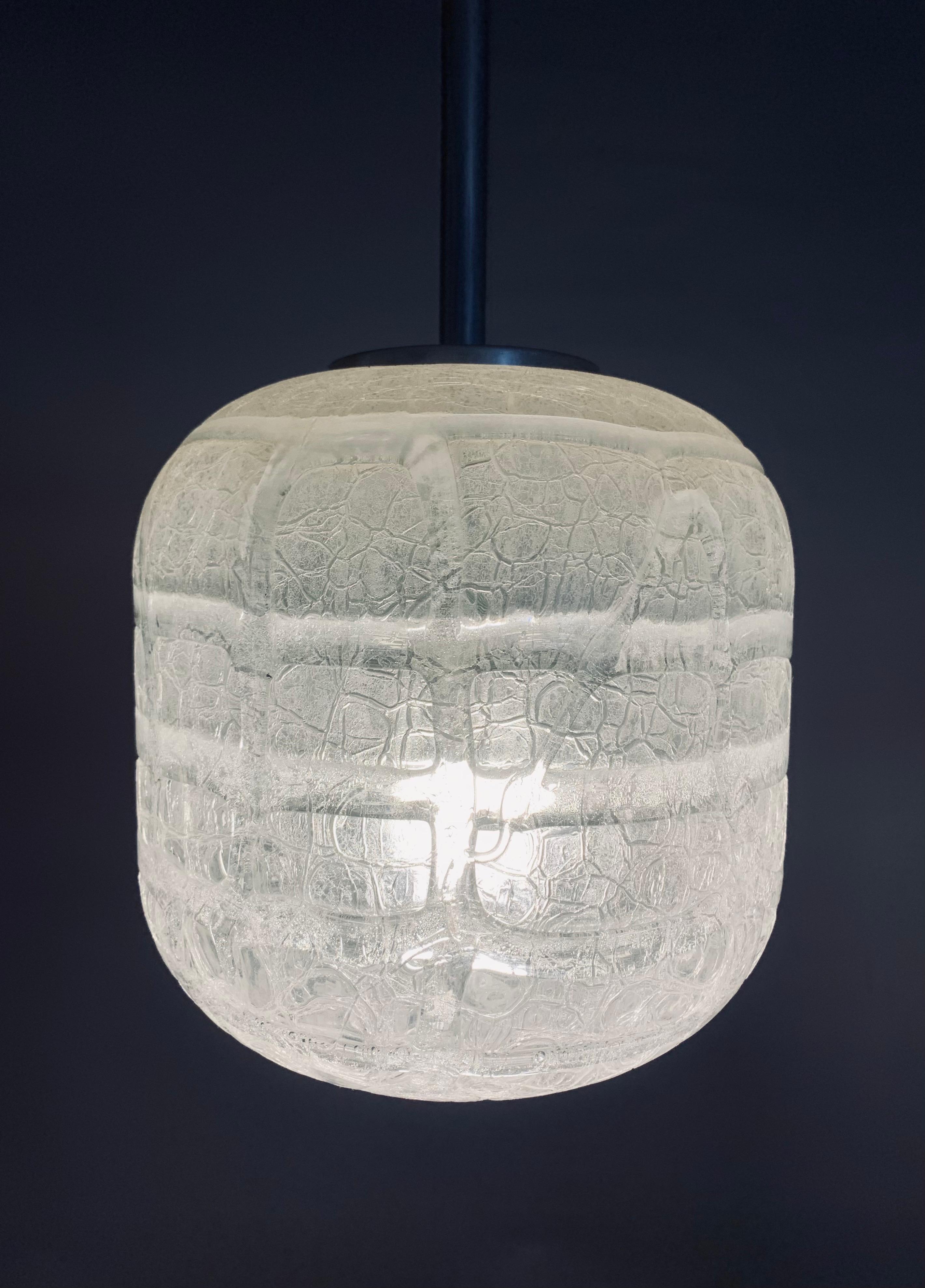 1970s Small German Doria Leuchten Crackle Iced Glass Hanging Pendant Light 2