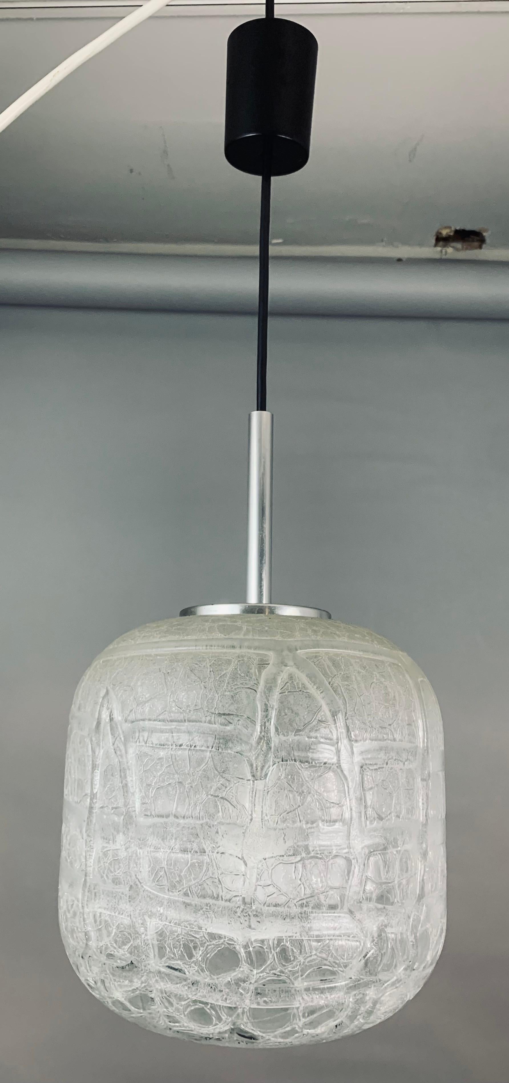1970s Small German Doria Leuchten Crackle Iced Glass Hanging Pendant Light 3