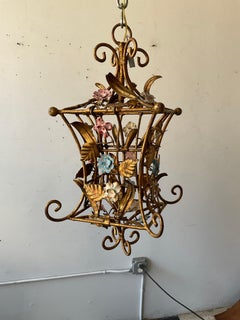 1970s Small Italian Gilt Metal And Tole Floral Lantern