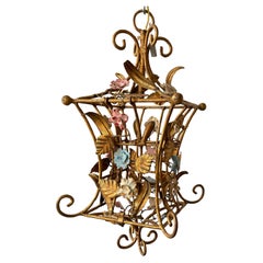 1970s Small Italian Gilt Metal And Tole Floral Lantern