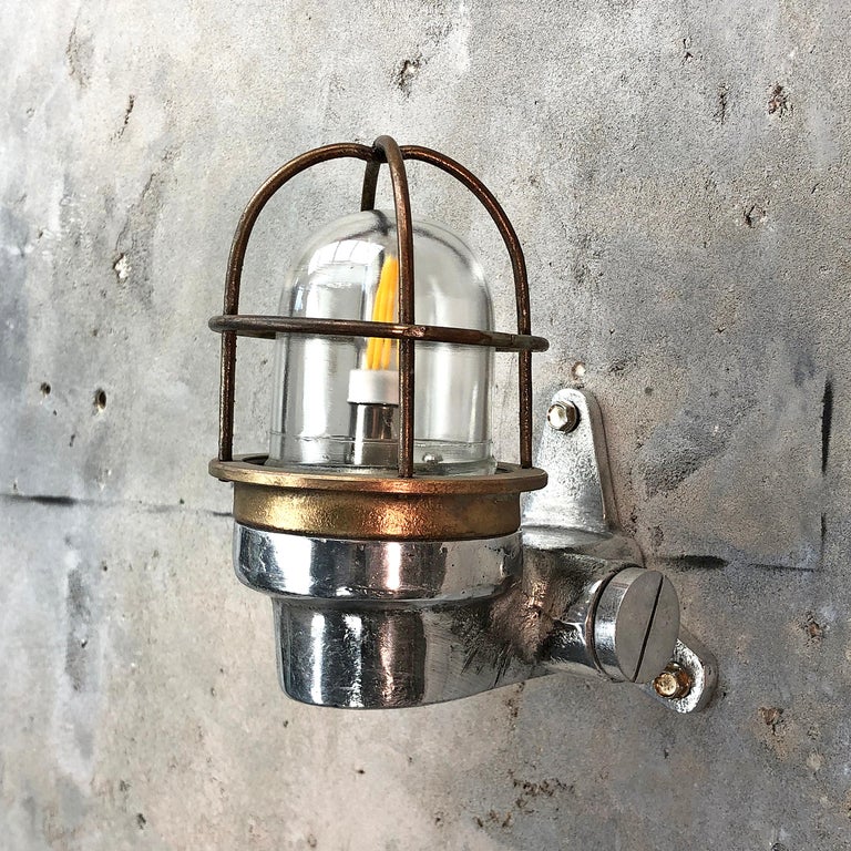 1970s Small Japanese Cast Aluminum 90 Degree Wall Light, Glass Dome and Cage 5