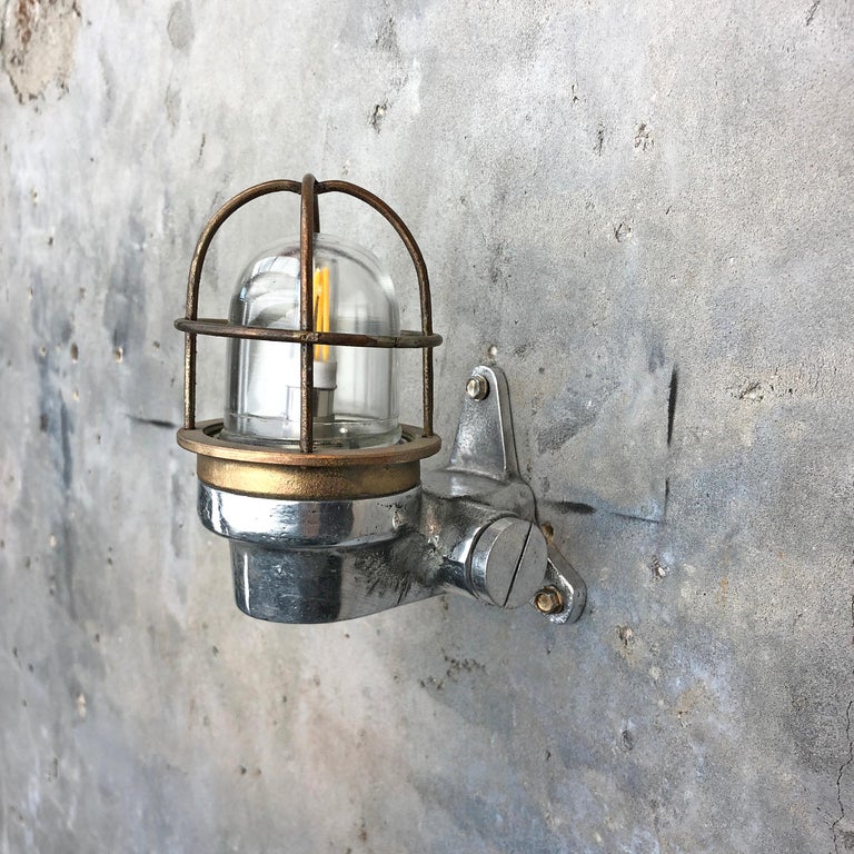 1970s Small Japanese Cast Aluminum 90 Degree Wall Light, Glass Dome and Cage 6
