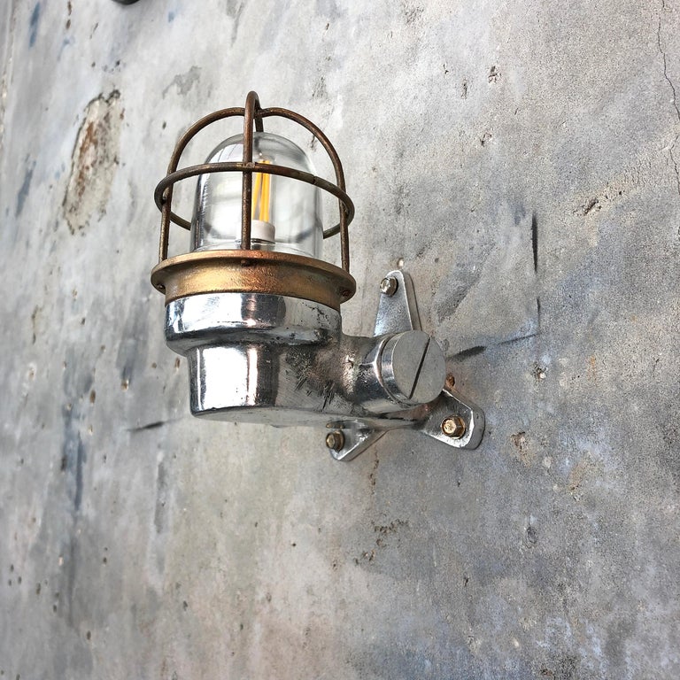 1970s Small Japanese Cast Aluminum 90 Degree Wall Light, Glass Dome and Cage 7