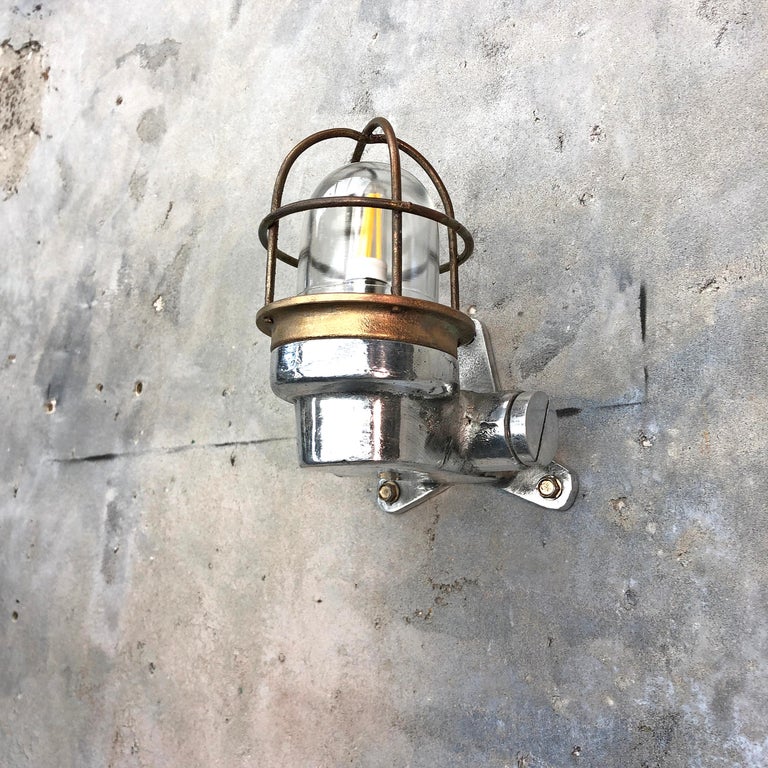 1970s Small Japanese Cast Aluminum 90 Degree Wall Light, Glass Dome and Cage 8