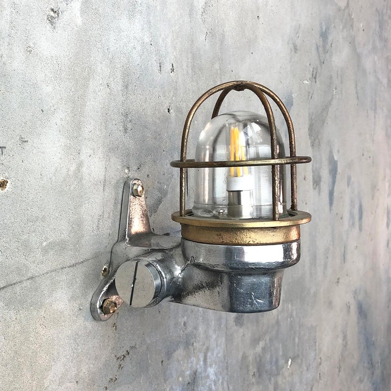 1970s Small Japanese Cast Aluminum 90 Degree Wall Light, Glass Dome and Cage 9