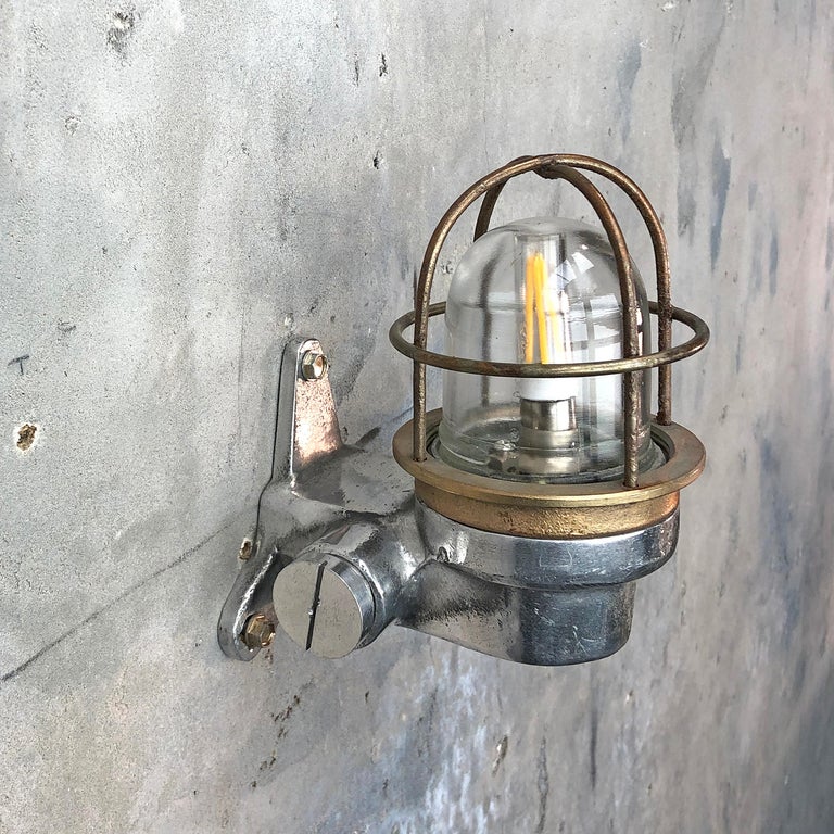 1970s Small Japanese Cast Aluminum 90 Degree Wall Light, Glass Dome and Cage 10