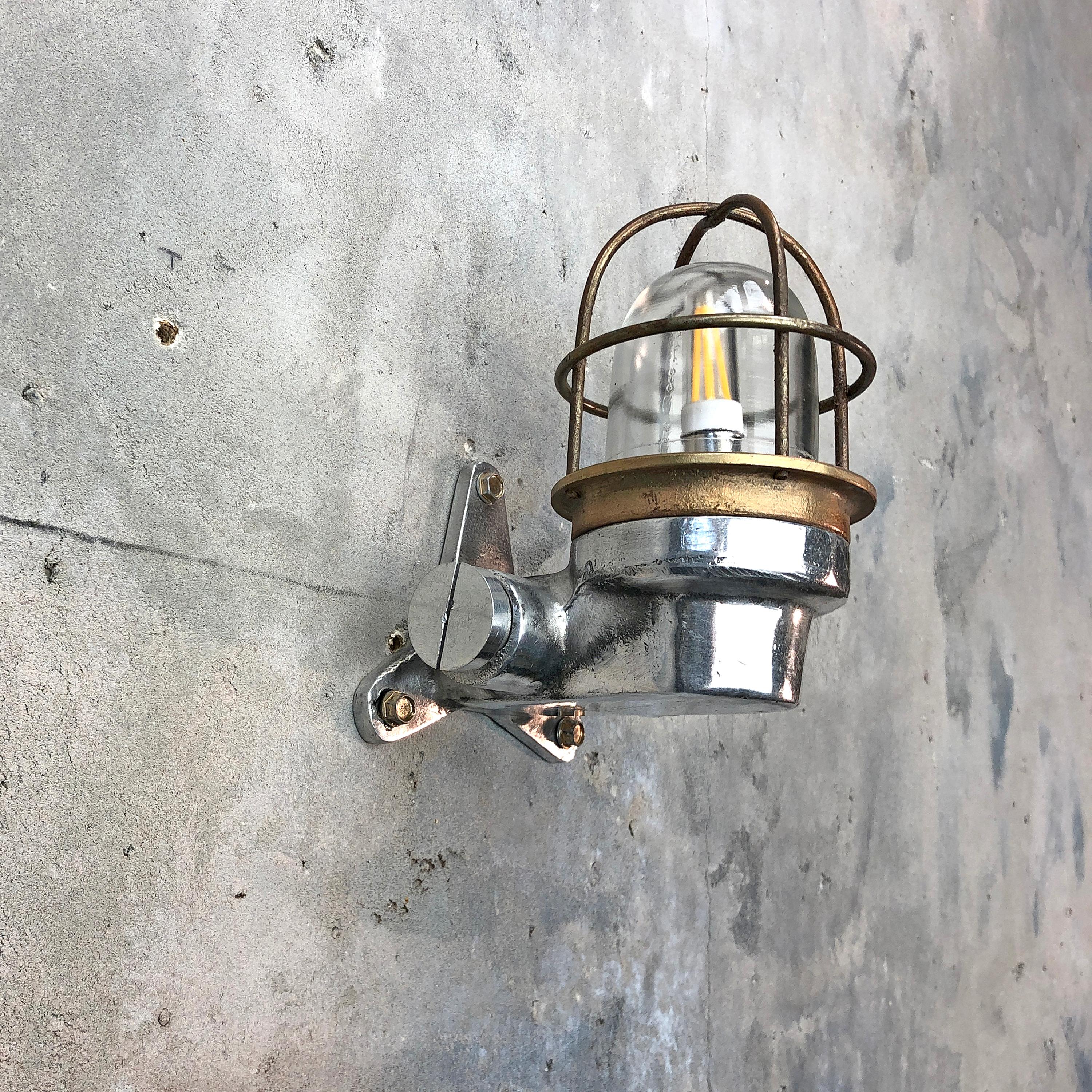 1970s Small Japanese Cast Aluminum 90 Degree Wall Light, Glass Dome and Cage 11
