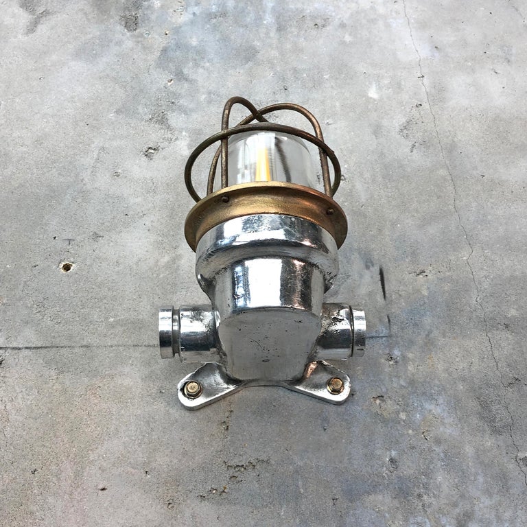 1970s Small Japanese Cast Aluminum 90 Degree Wall Light, Glass Dome and Cage 12
