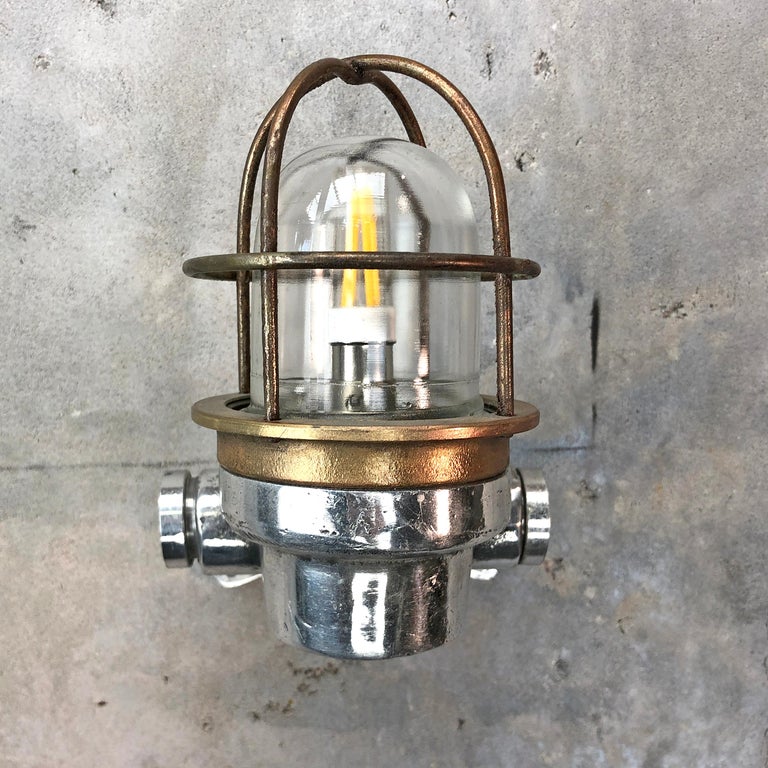 1970s Small Japanese Cast Aluminum 90 Degree Wall Light, Glass Dome and Cage 13
