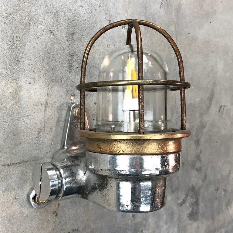 Industrial 1970s Small Japanese Cast Aluminum 90 Degree Wall Light, Glass Dome and Cage