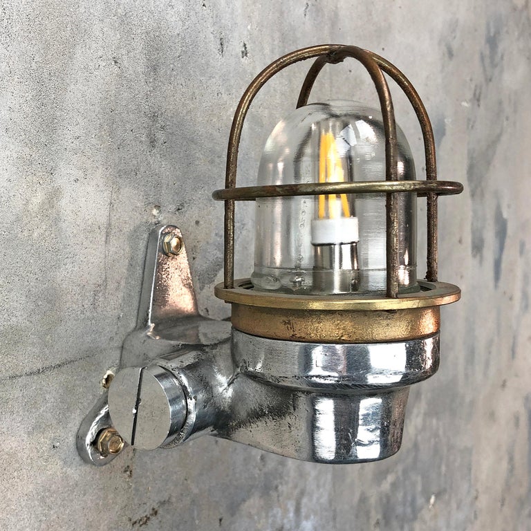 1970s Small Japanese Cast Aluminum 90 Degree Wall Light, Glass Dome and Cage In Good Condition In Leicester, Leicestershire