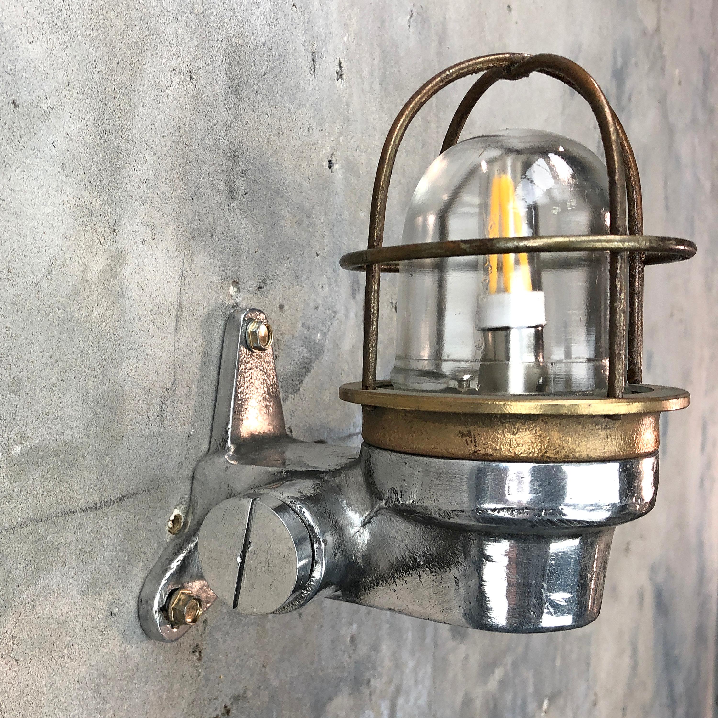 Late 20th Century 1970s Small Japanese Cast Aluminum 90 Degree Wall Light, Glass Dome and Cage