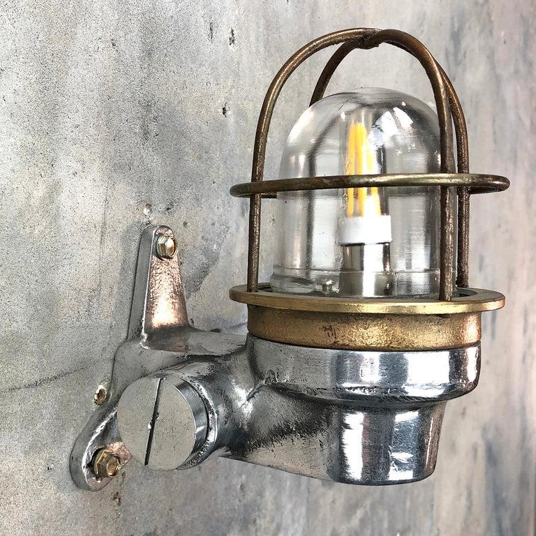 1970s Small Japanese Cast Aluminum 90 Degree Wall Light, Glass Dome and Cage 1