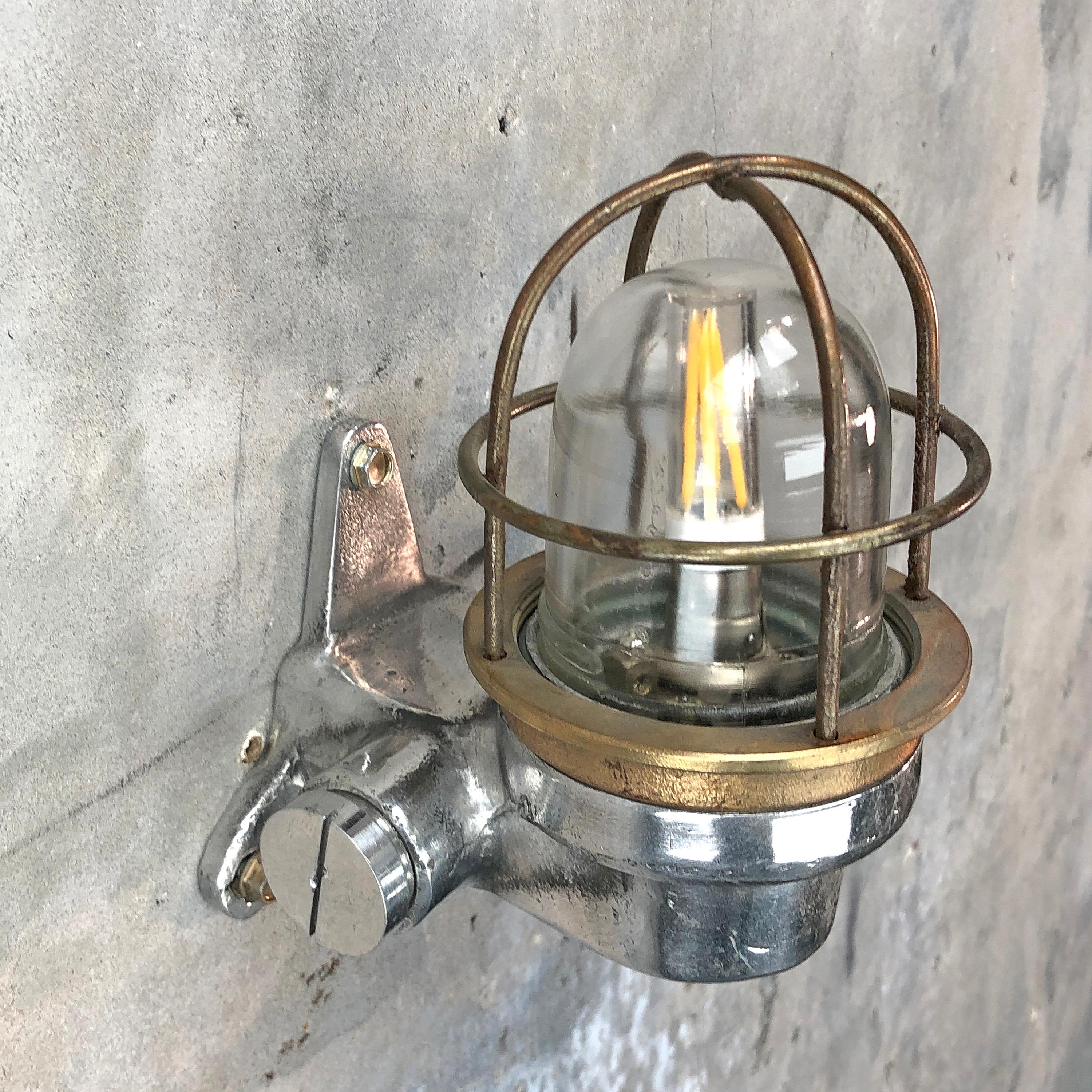 1970s Small Japanese Cast Aluminum 90 Degree Wall Light, Glass Dome and Cage 2