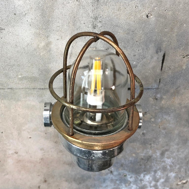 1970s Small Japanese Cast Aluminum 90 Degree Wall Light, Glass Dome and Cage 3