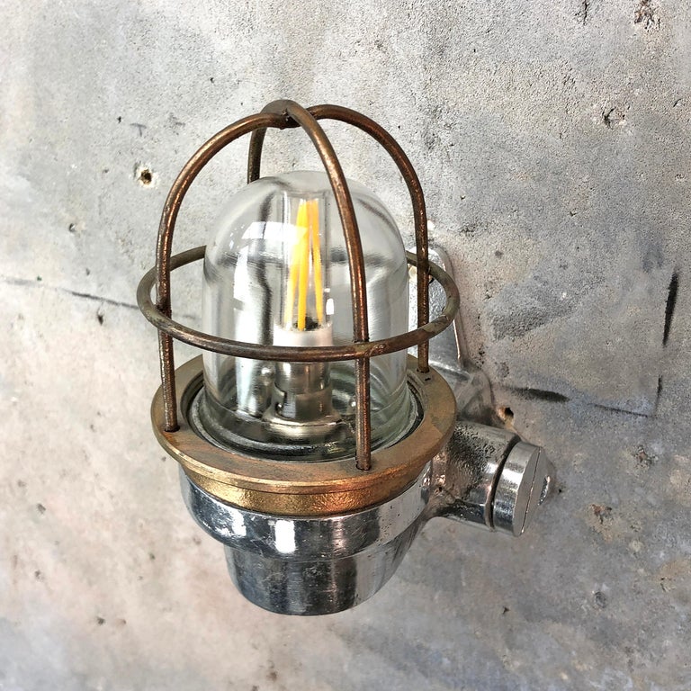 1970s Small Japanese Cast Aluminum 90 Degree Wall Light, Glass Dome and Cage 4