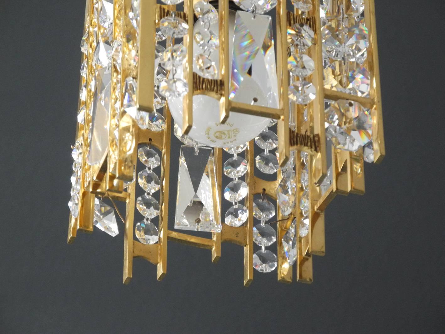 1970s Small Palwa Brass Hanging Lamp with Faceted Crystal Stones Brutalist Style 4