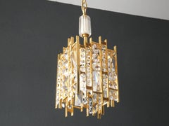 1970s Small Palwa Brass Hanging Lamp with Faceted Crystal Stones Brutalist Style