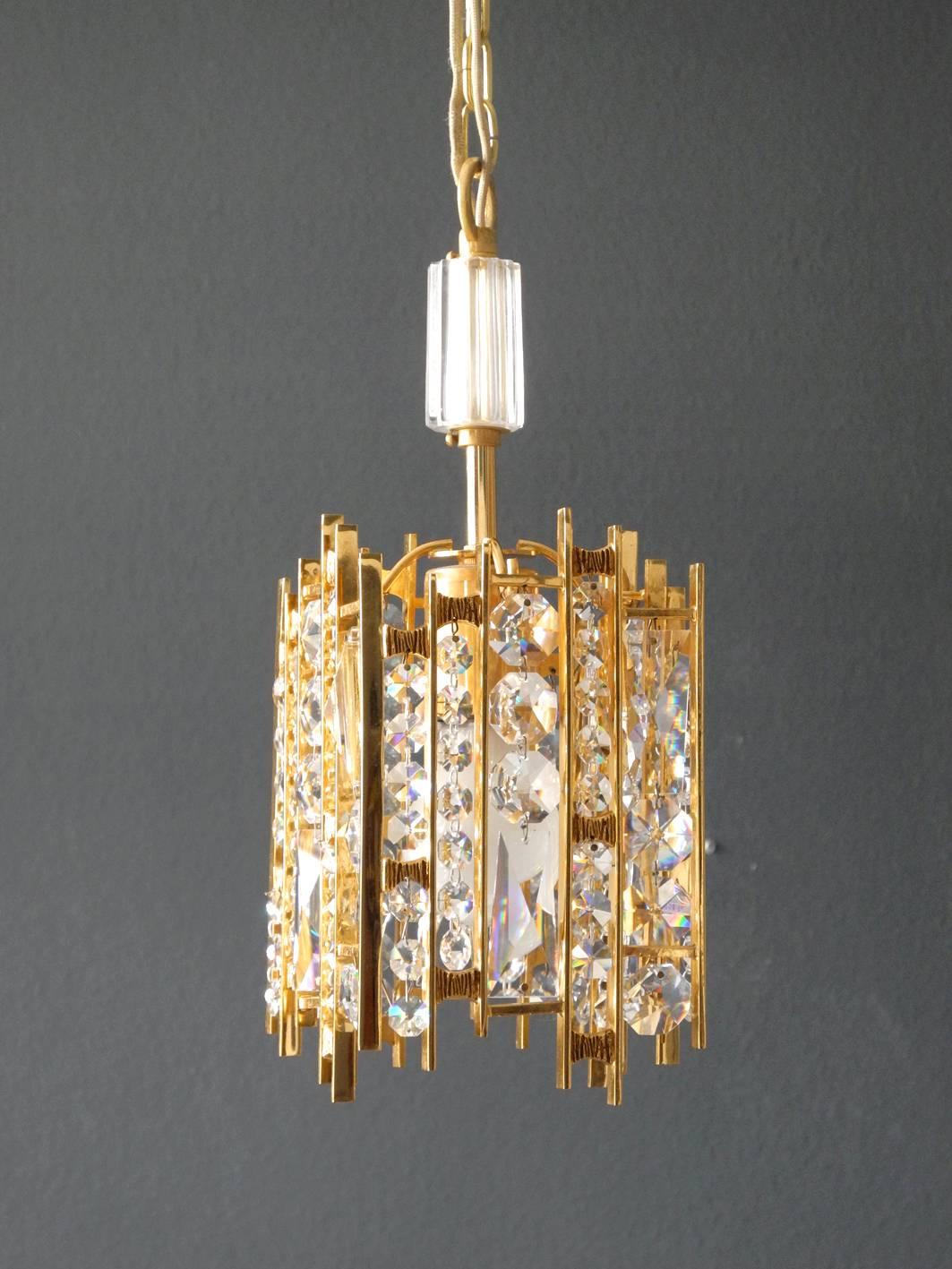 Mid-Century Modern 1970s Small Palwa Brass Hanging Lamp with Faceted Crystal Stones Brutalist Style