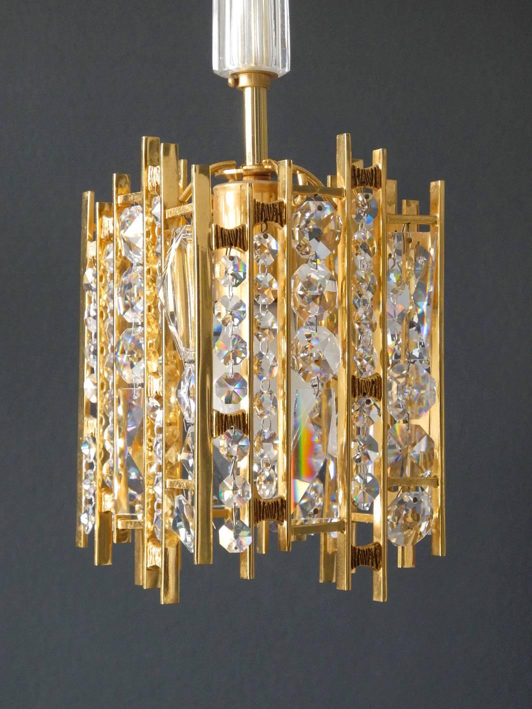 German 1970s Small Palwa Brass Hanging Lamp with Faceted Crystal Stones Brutalist Style