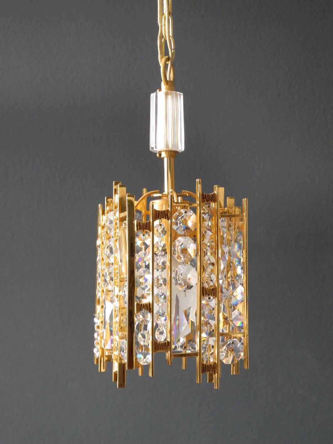 1970s Small Palwa Brass Hanging Lamp with Faceted Crystal Stones Brutalist Style In Good Condition In München, DE