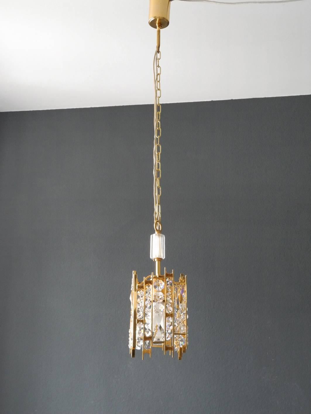 Late 20th Century 1970s Small Palwa Brass Hanging Lamp with Faceted Crystal Stones Brutalist Style