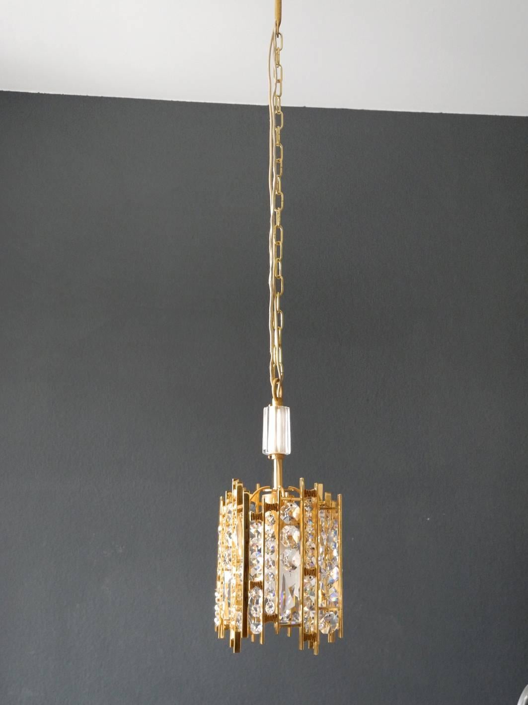 1970s Small Palwa Brass Hanging Lamp with Faceted Crystal Stones Brutalist Style 3
