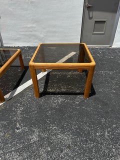 1970s Small Rattan Smoked Glass Waterfall Edge Table