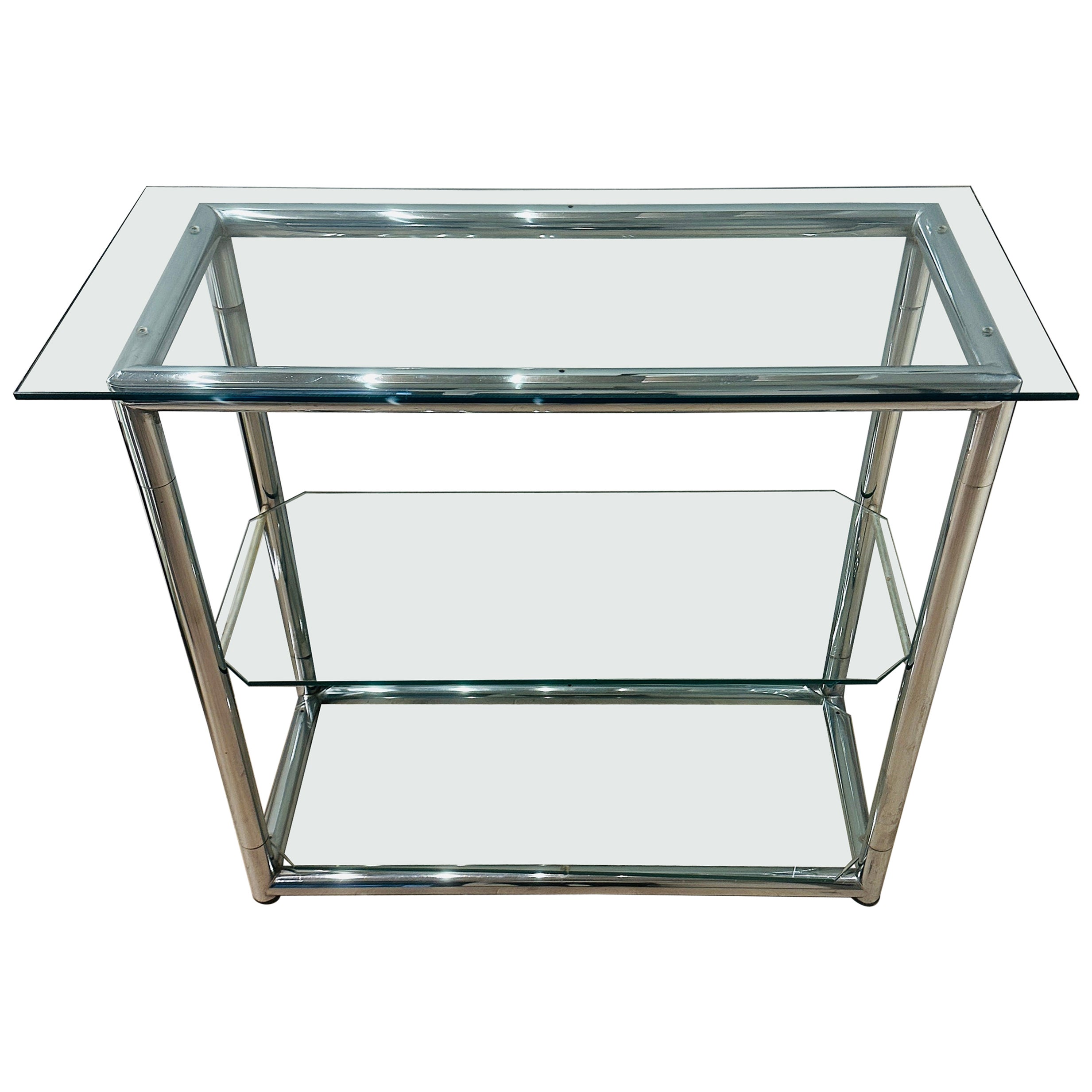 1970s Small Vintage Tubular Polished Chromed-Metal & Glass Shelving Unit