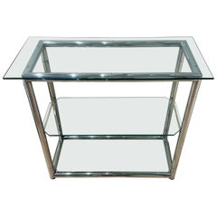 1970s Small Vintage Tubular Polished Chromed-Metal & Glass Shelving Unit