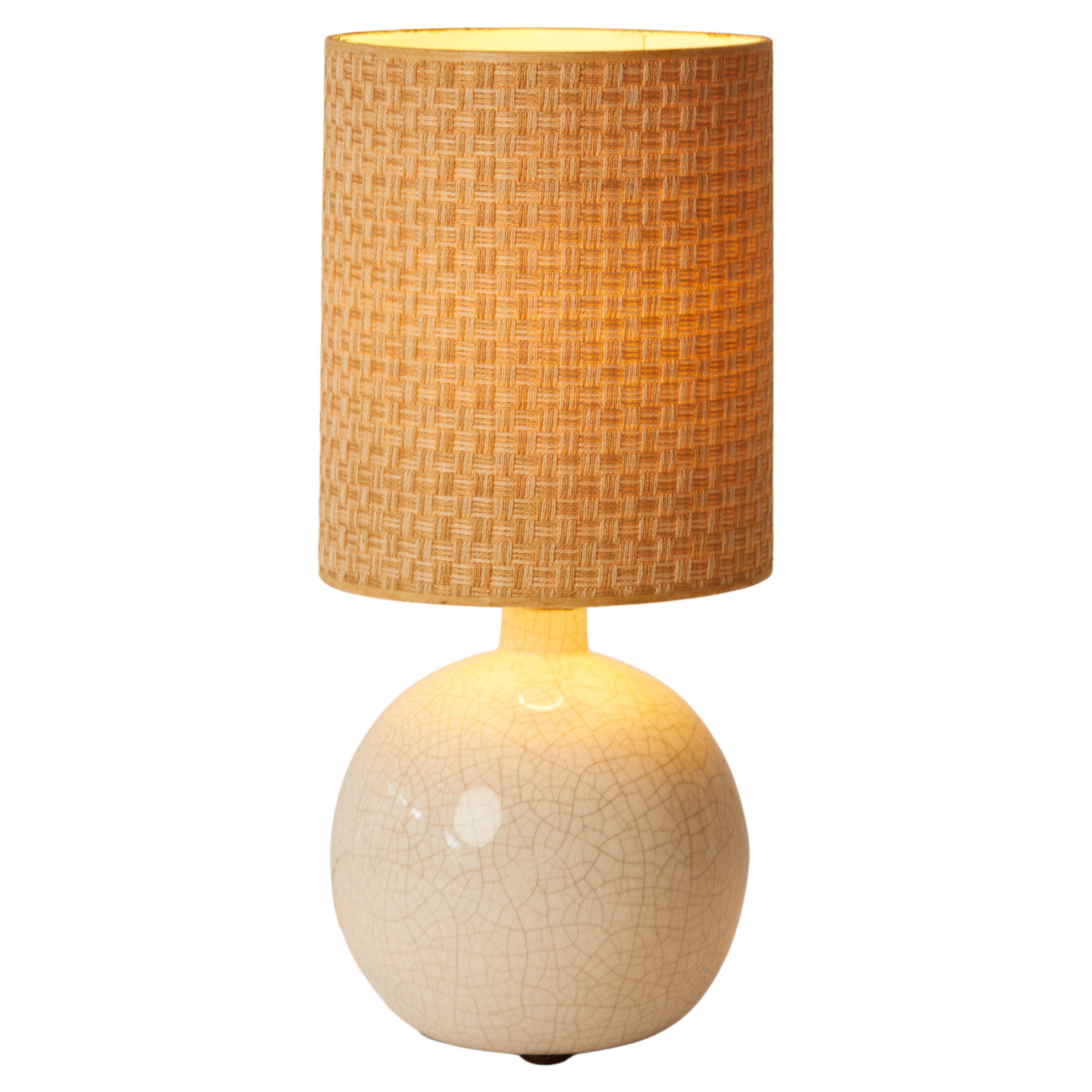 1970s Small White Crackled Table Lamp with Original Brown Woven Lampshade For Sale