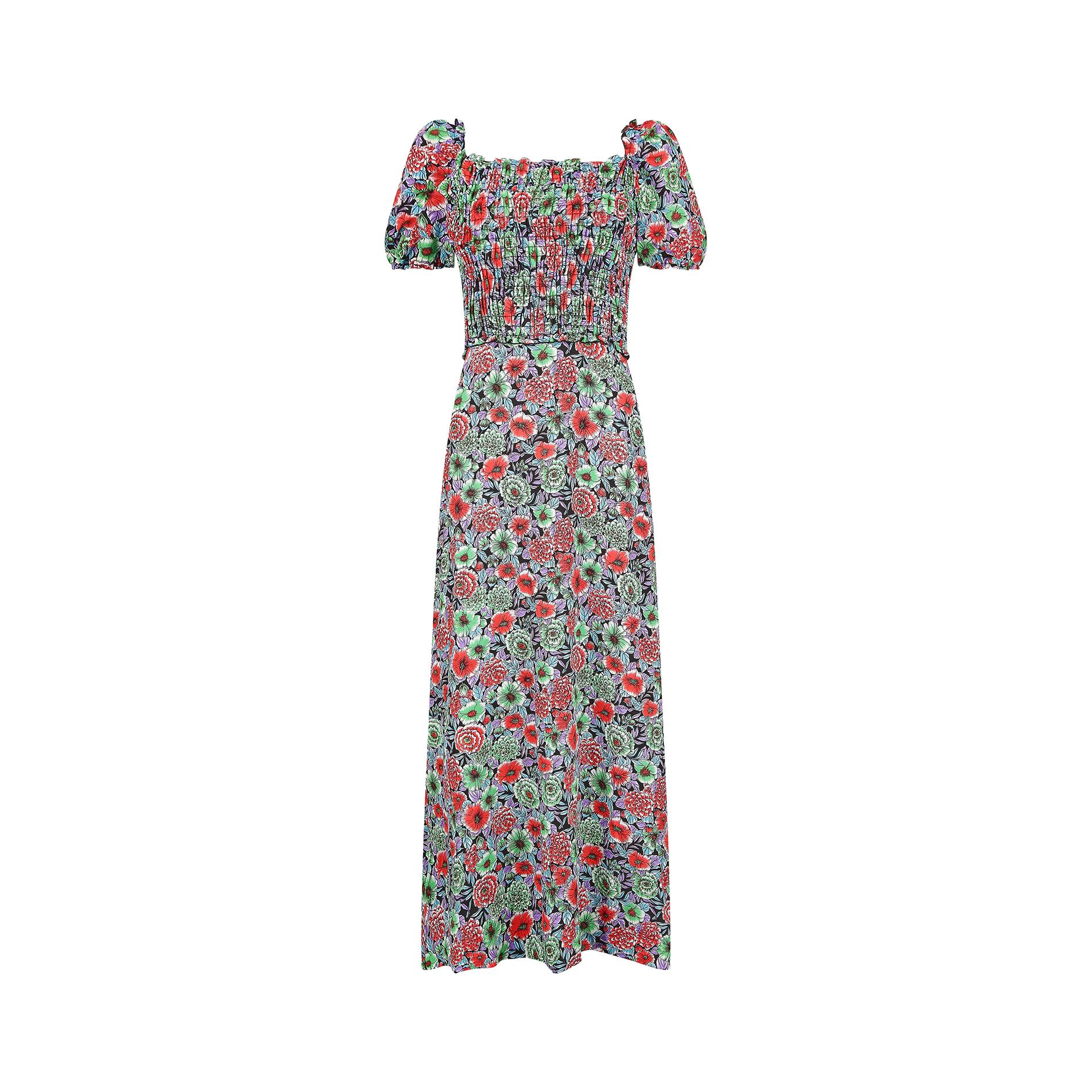 1970s floral maxi dress and a stylish high street adaption of the 'peasant chic' designs which are synonymous with the hippy trend which prevailed throughout the decade.  Featuring a square neckline and a smocked bust section for the perfect