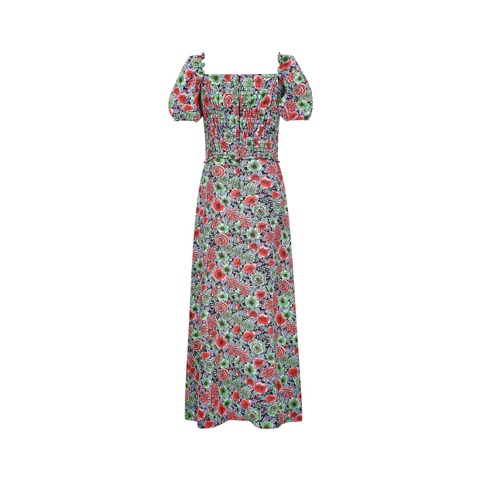 Gray 1970s Smocked Floral Maxi Dress For Sale
