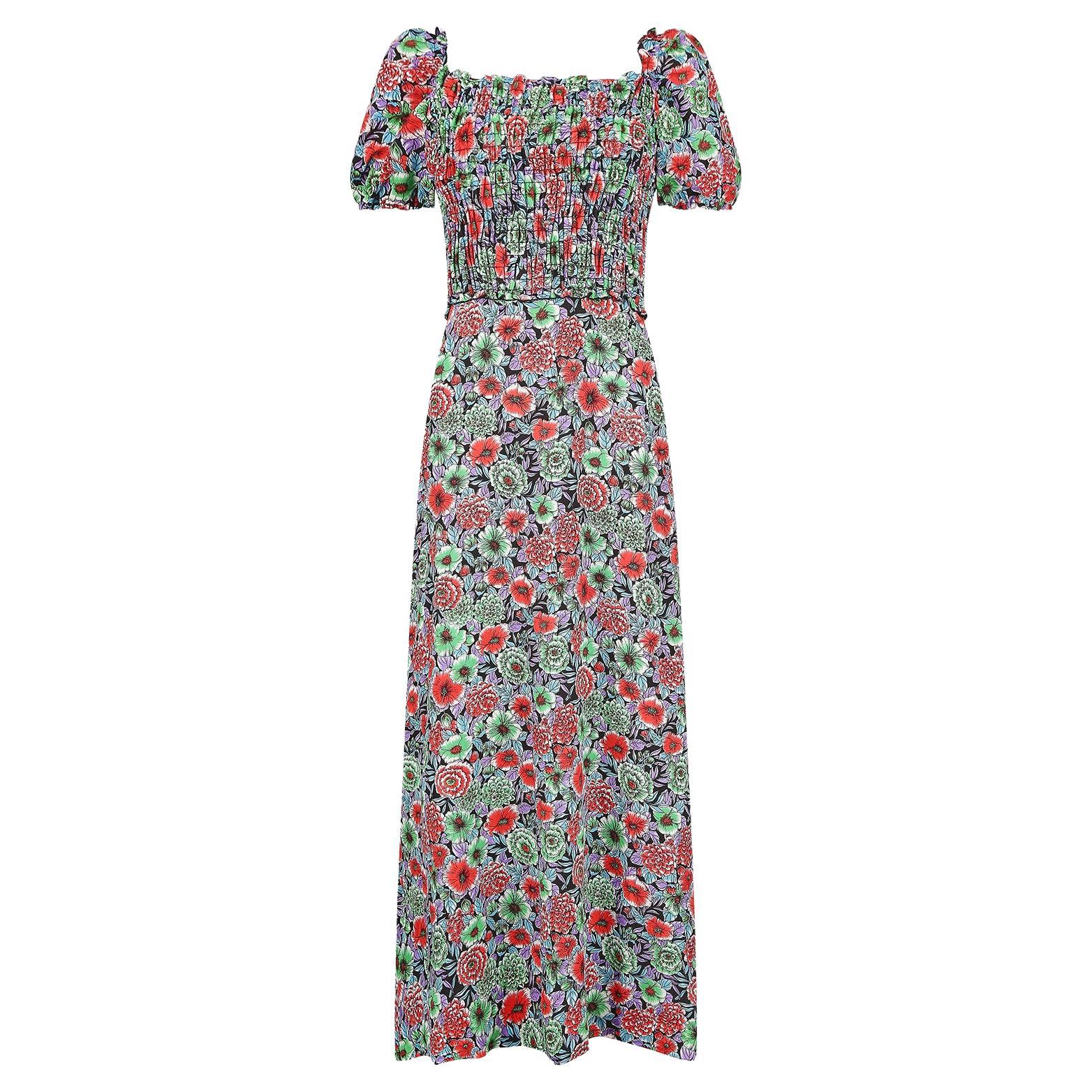 1970s Smocked Floral Maxi Dress For Sale