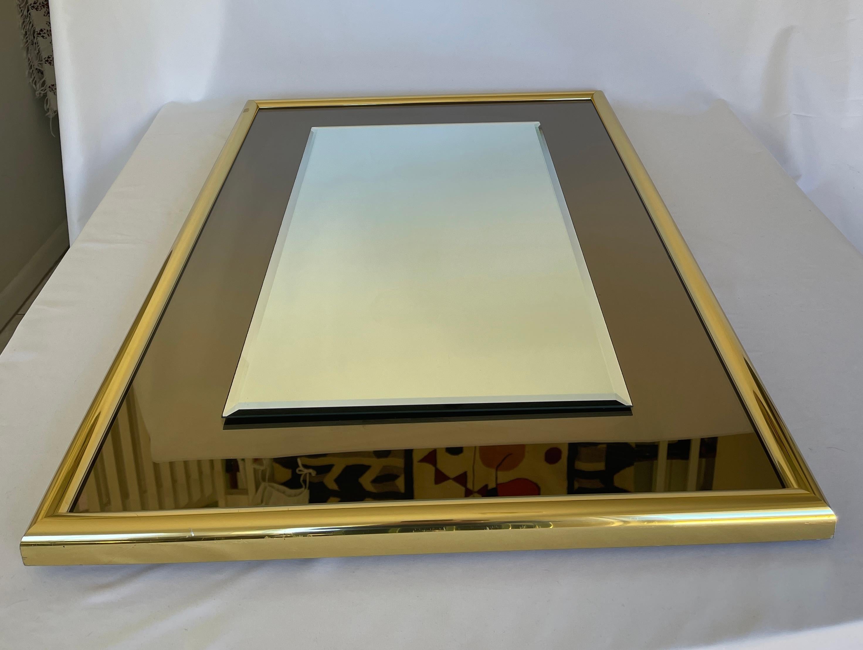 Mid-Century Modern 1970s Smoke Glass Rectangular Mirror with Brass Frame For Sale